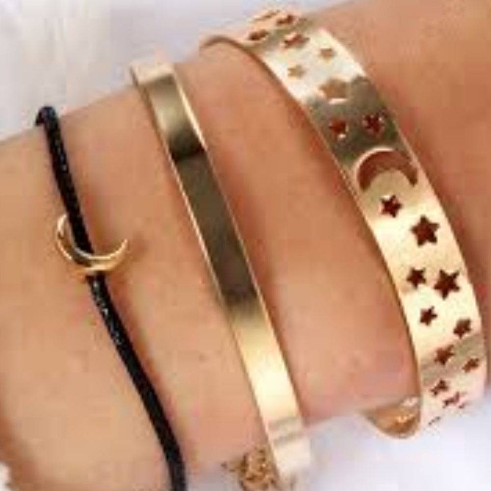 NEW 3pc Gold Cut‎ Out Moon & Star Adjustable Bracelets